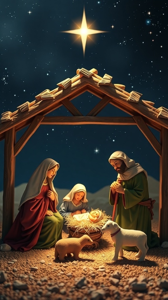 A tranquil Nativity scene with Mary, Joseph, and baby Jesus in a stable under a starry sky.